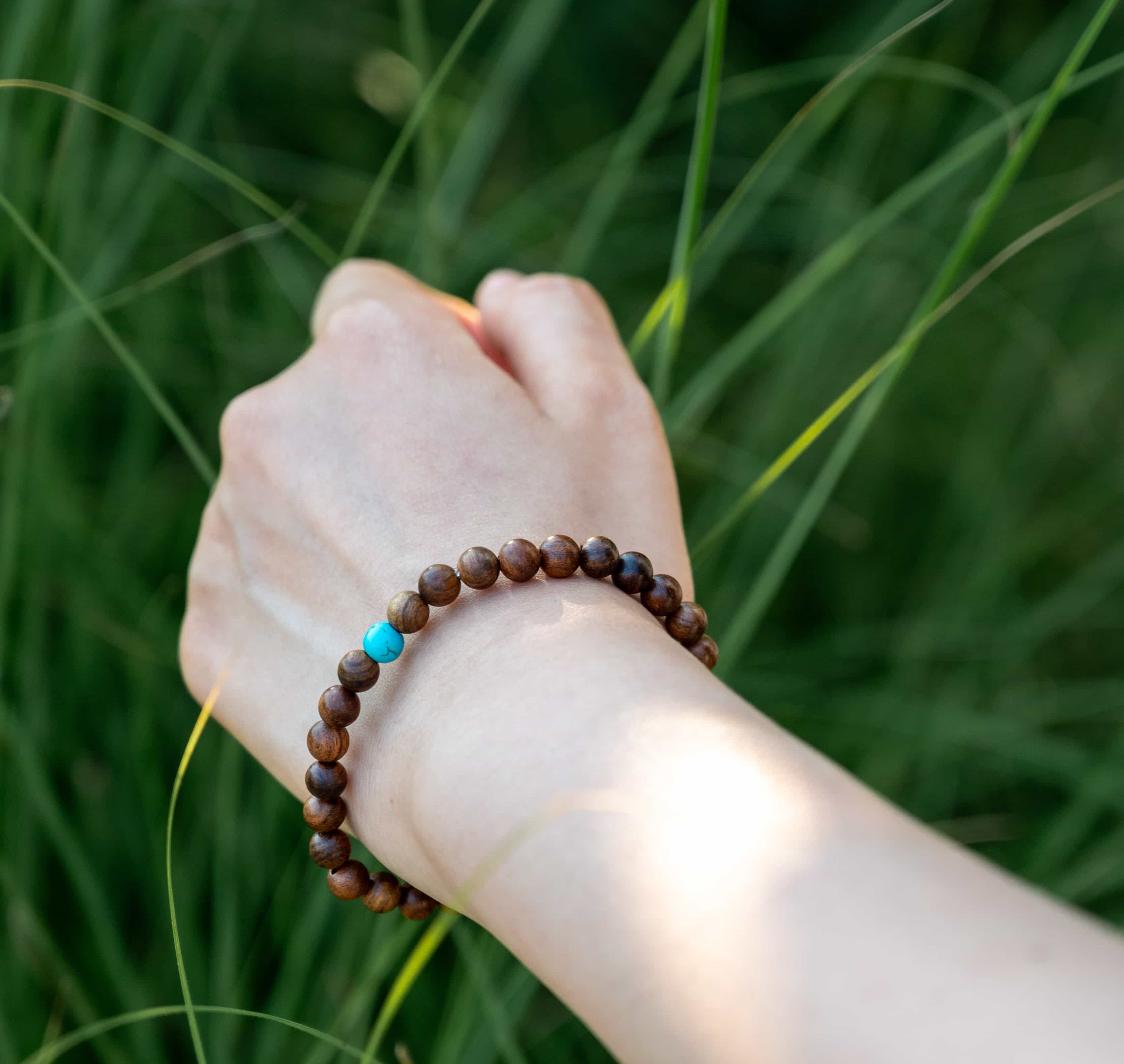 HEALING PROTECTION: Agarwood Beads Bracelet with Turquoise Center Stone