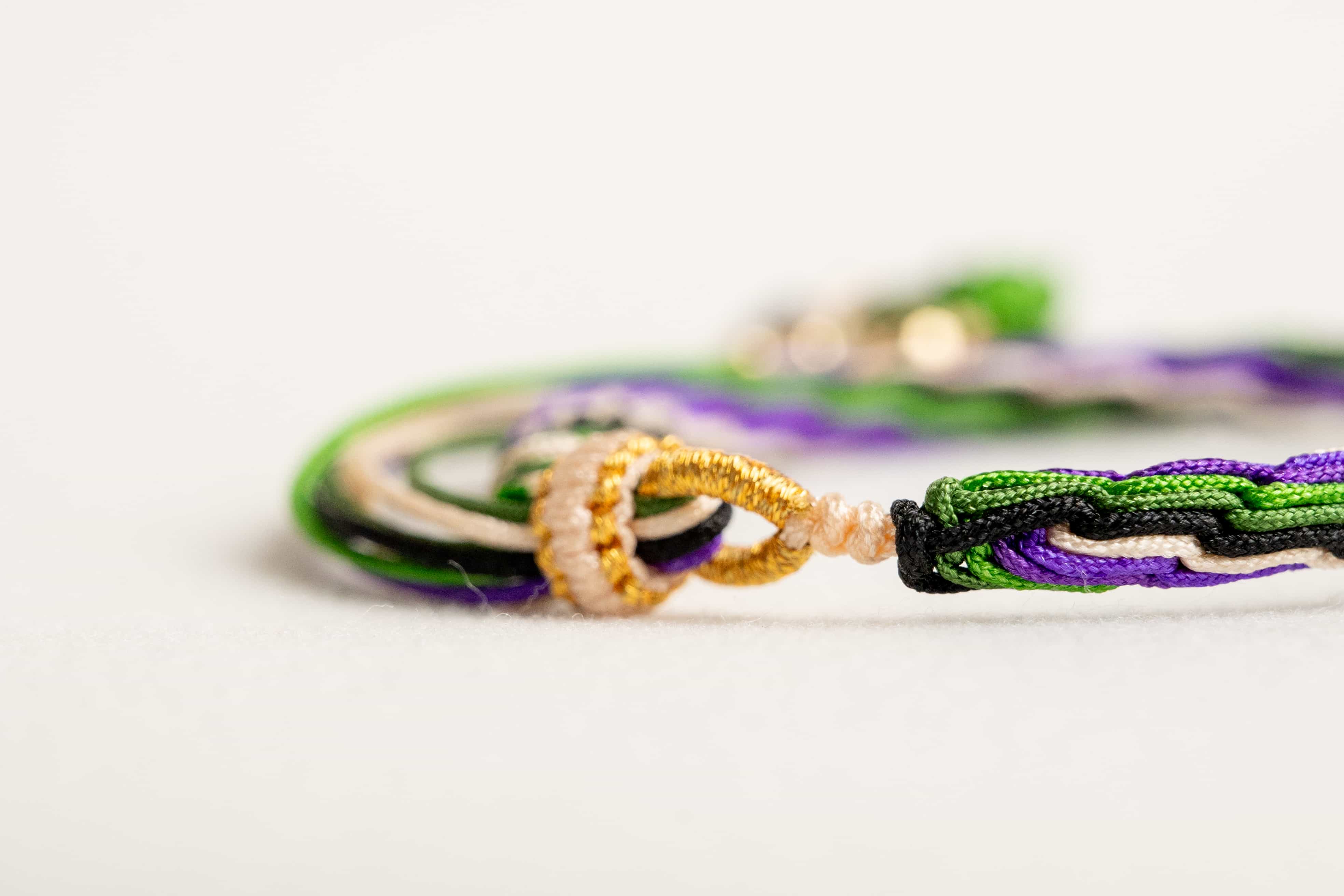 "PURE BRIGHTNESS": Purple and Green Handmade Braided Bracelet for Gratitude