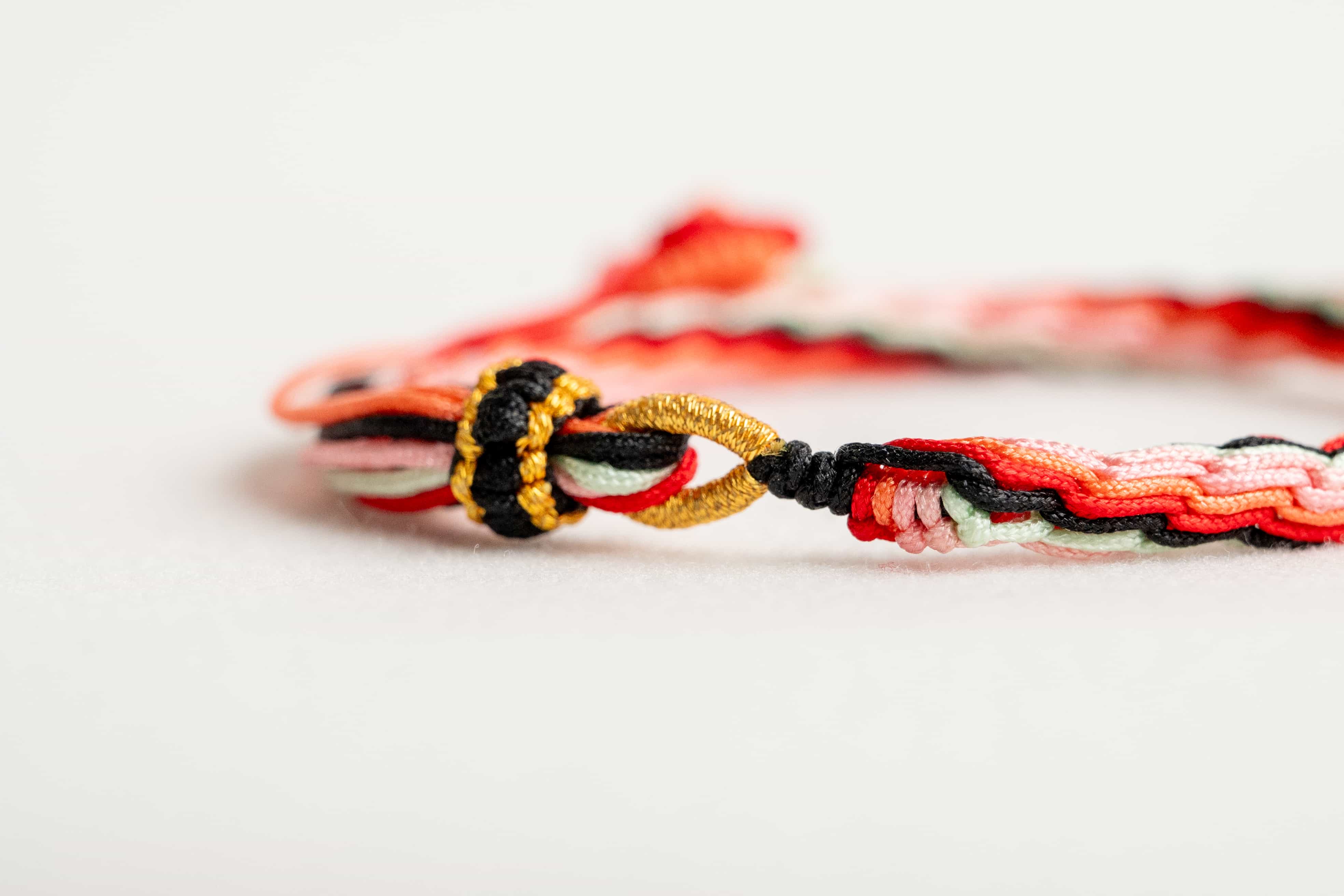 "COLD DEW": Red, Black & White Handmade Braided Bracelet for Mindfulness