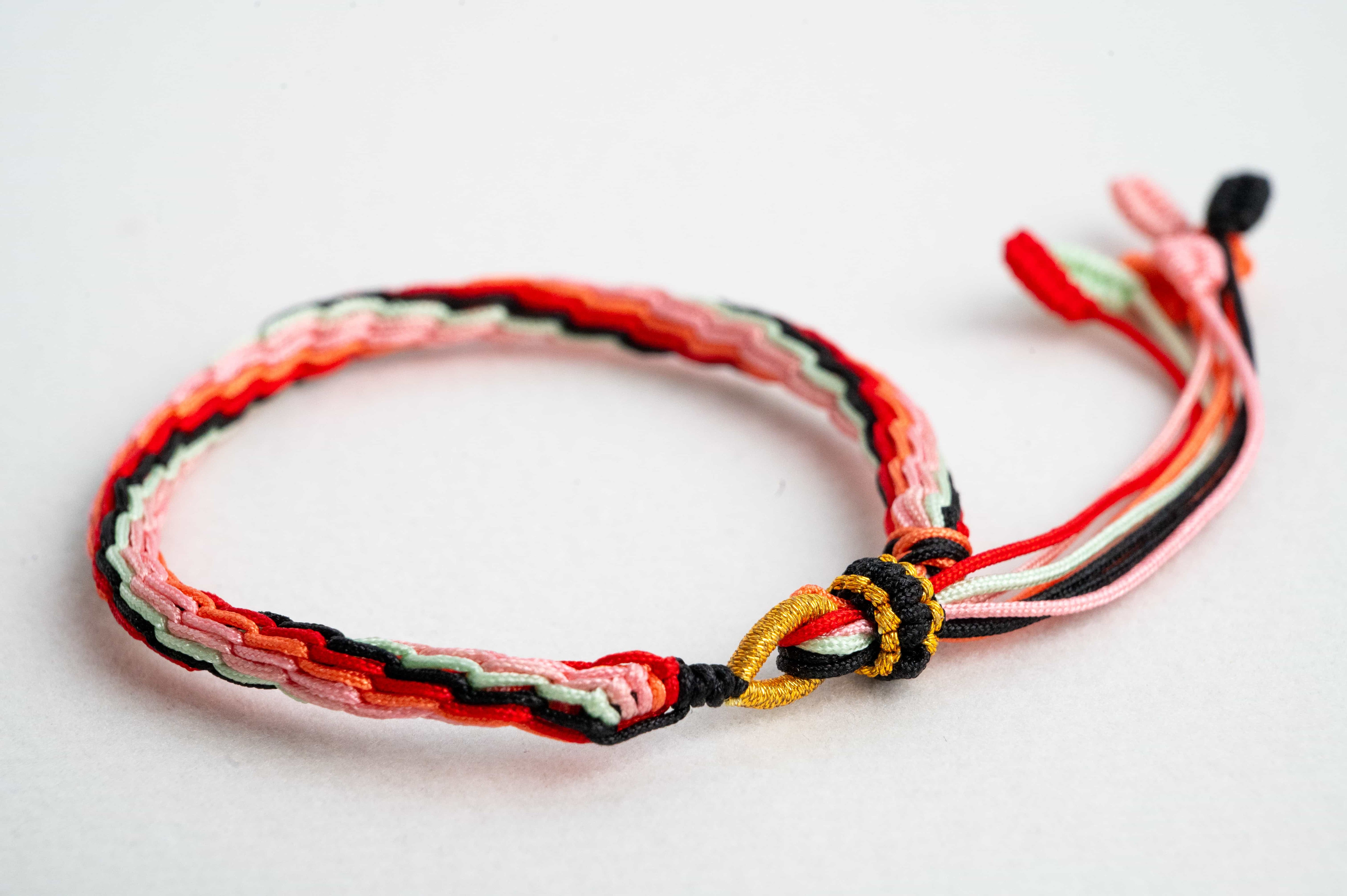 "COLD DEW": Red, Black & White Handmade Braided Bracelet for Mindfulness