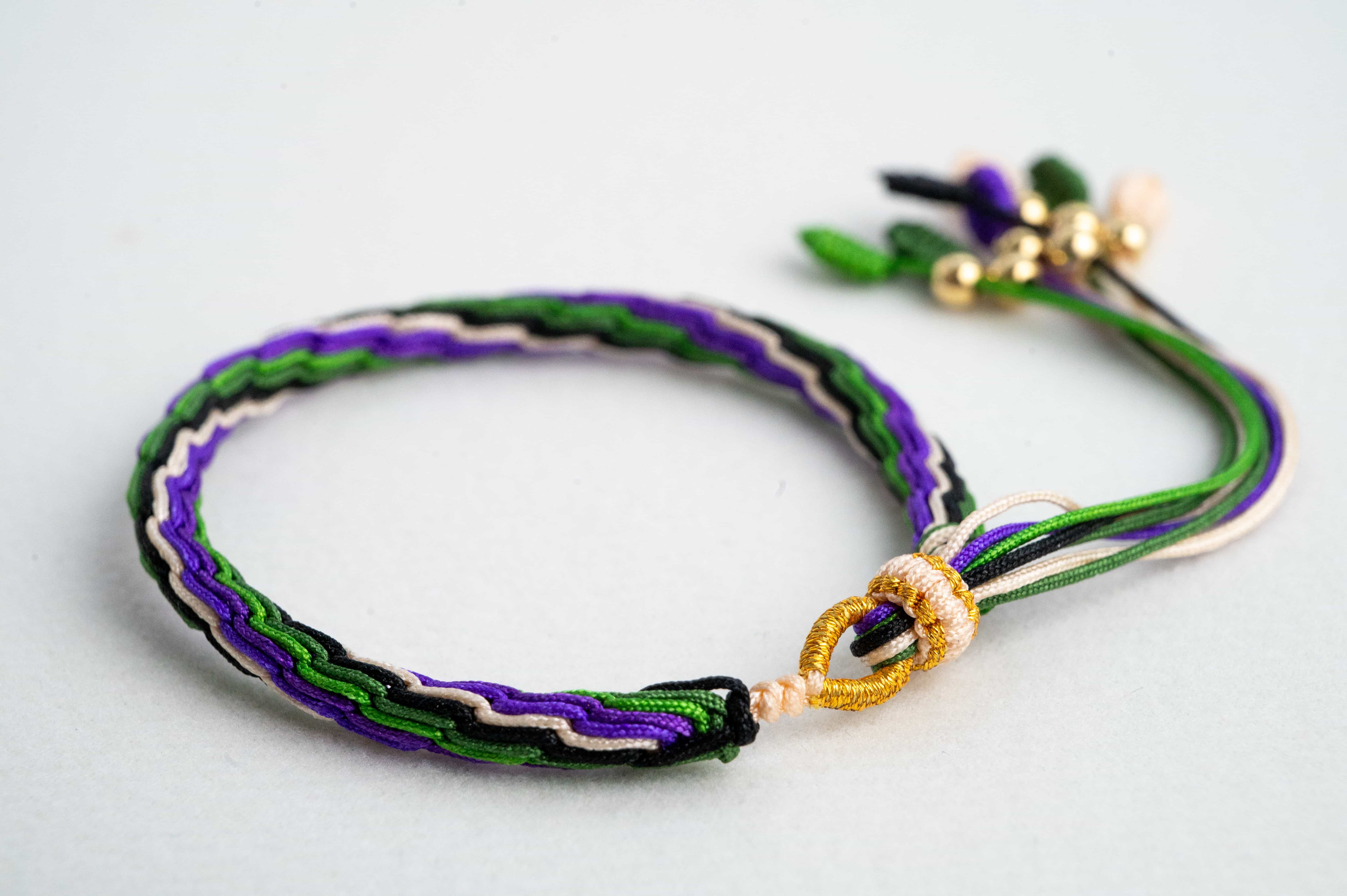 "PURE BRIGHTNESS": Purple and Green Handmade Braided Bracelet for Gratitude