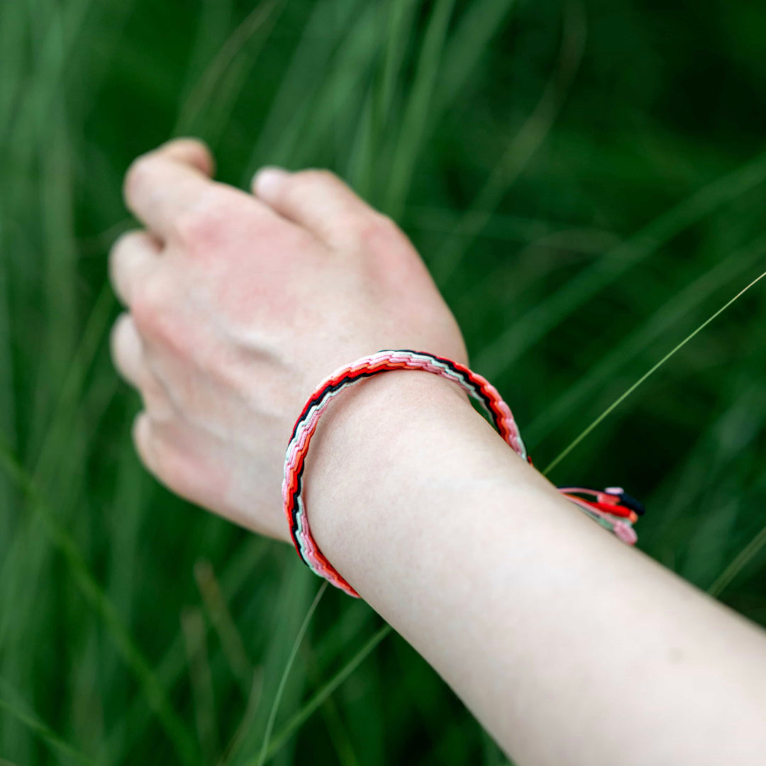 "COLD DEW": Red, Black & White Handmade Braided Bracelet for Mindfulness