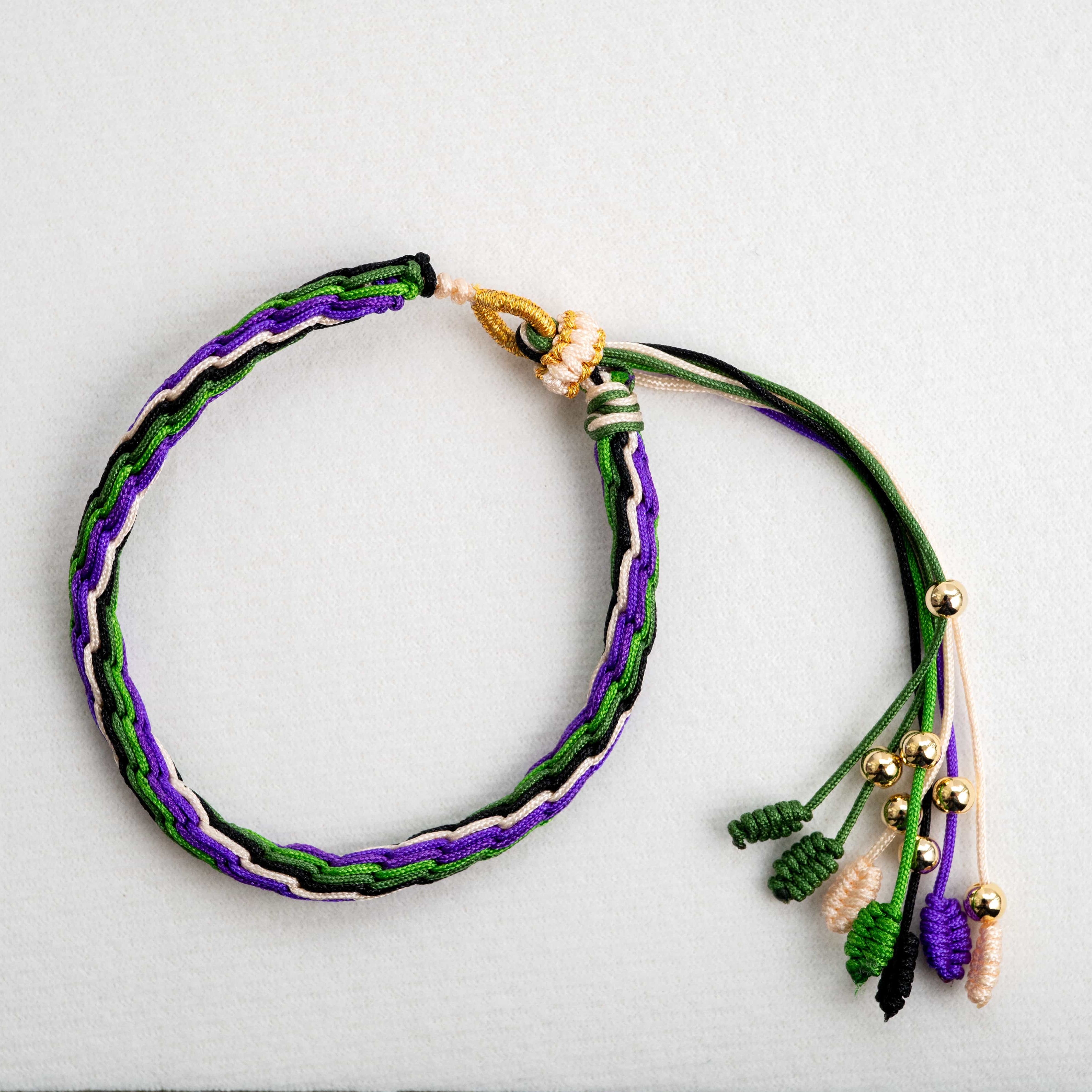 "PURE BRIGHTNESS": Purple and Green Handmade Braided Bracelet for Gratitude