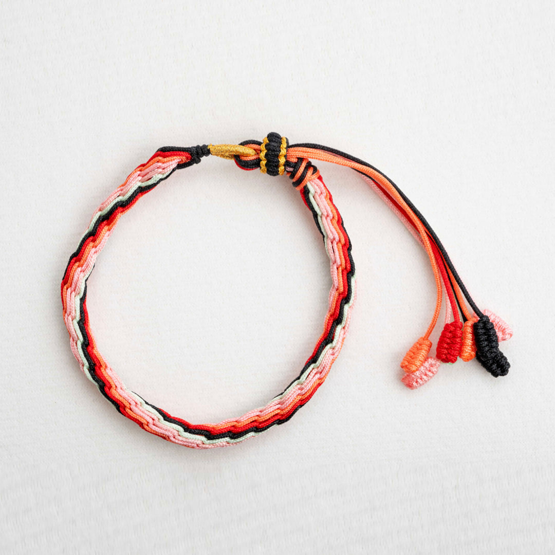 "COLD DEW": Red, Black & White Handmade Braided Bracelet for Mindfulness