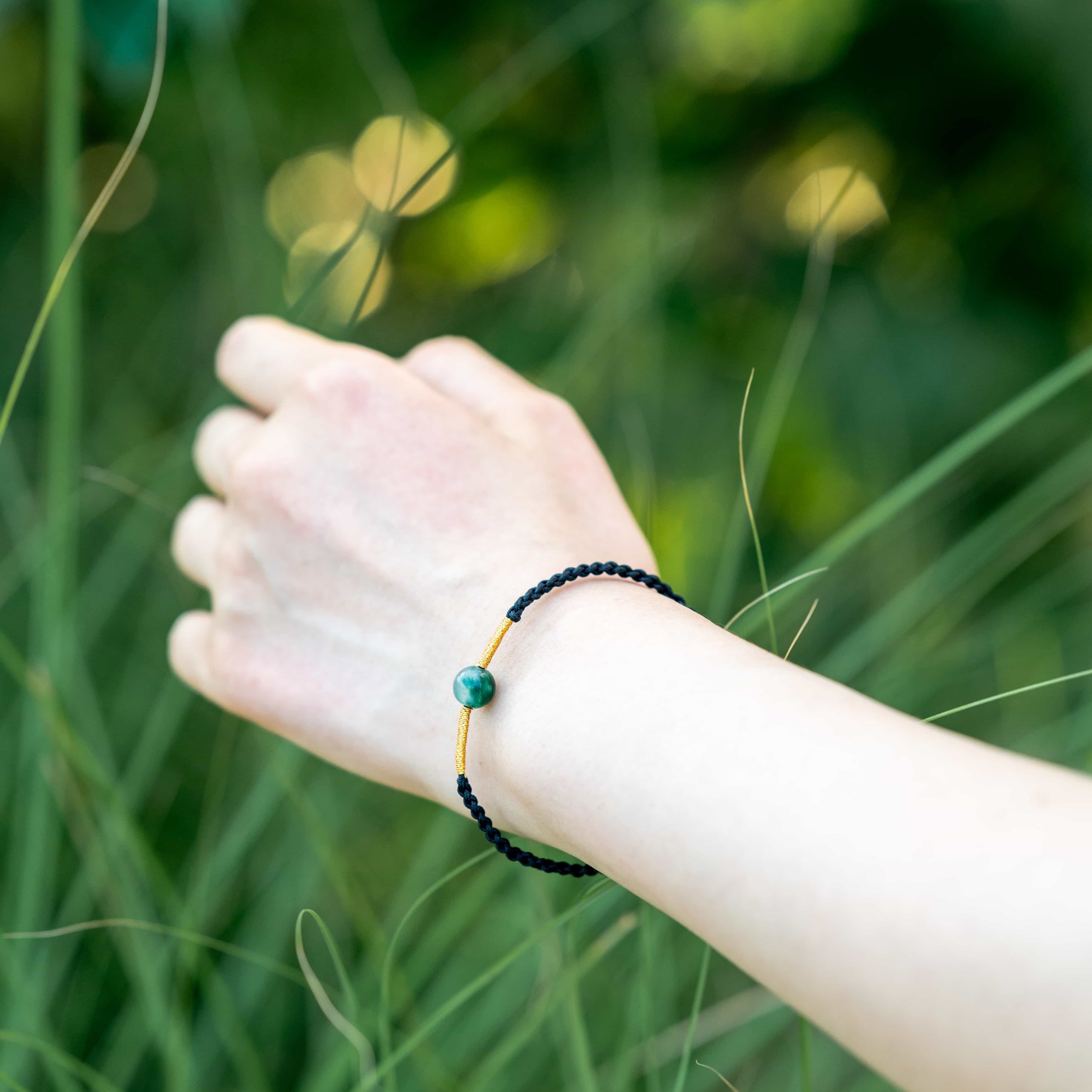 METAL: Jadeite Bead Black & Gold Braided Bracelet