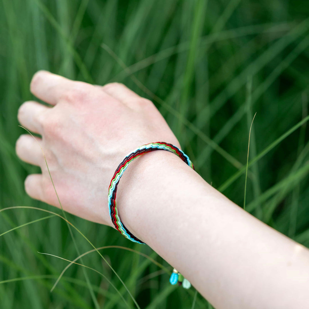 "GRAIN IN EAR": Red, Green and Light Blue Handmade Braided Bracelet for Vitality