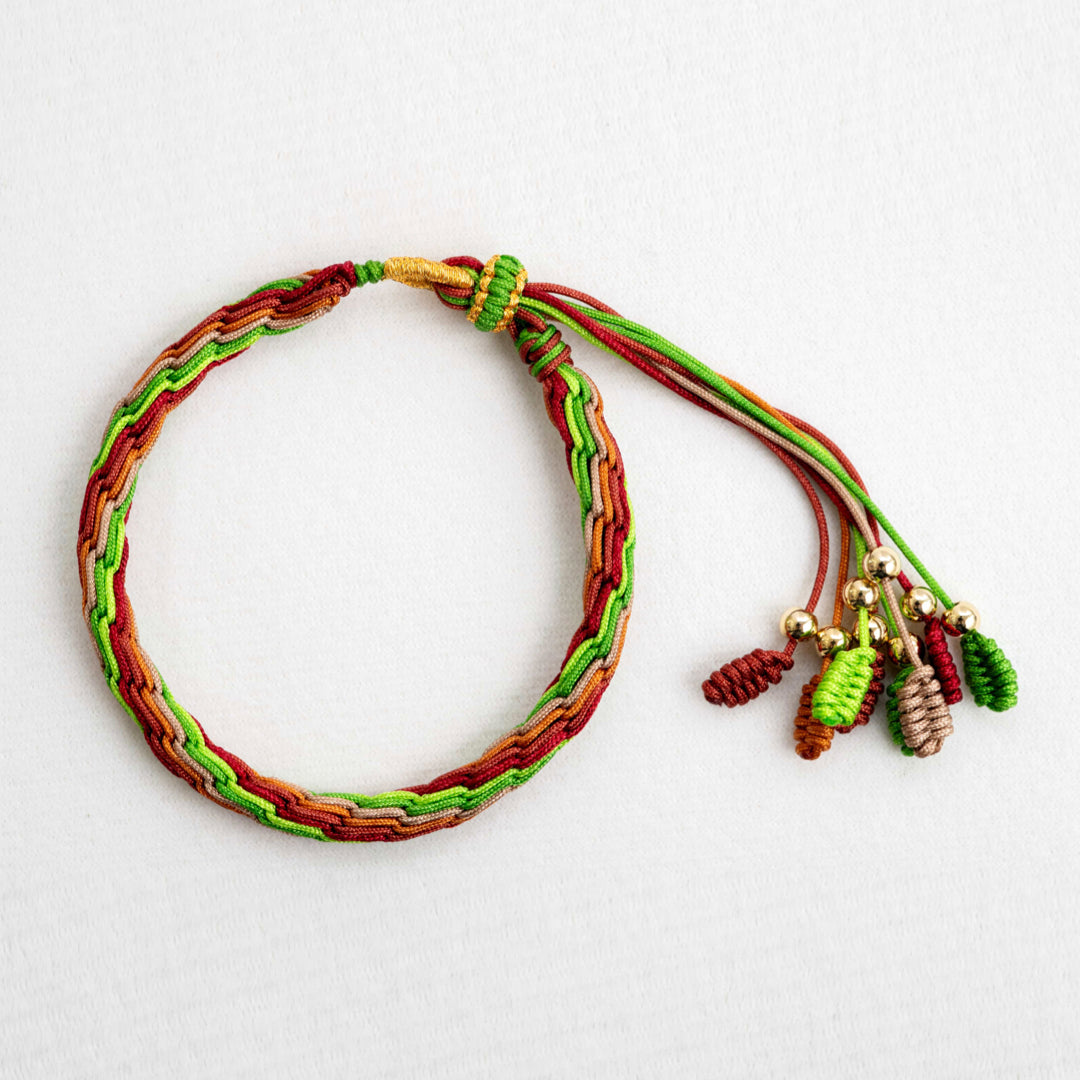 "MINOR HEAT": Green, Beige & Red Handmade Braided Bracelet for Authenticity