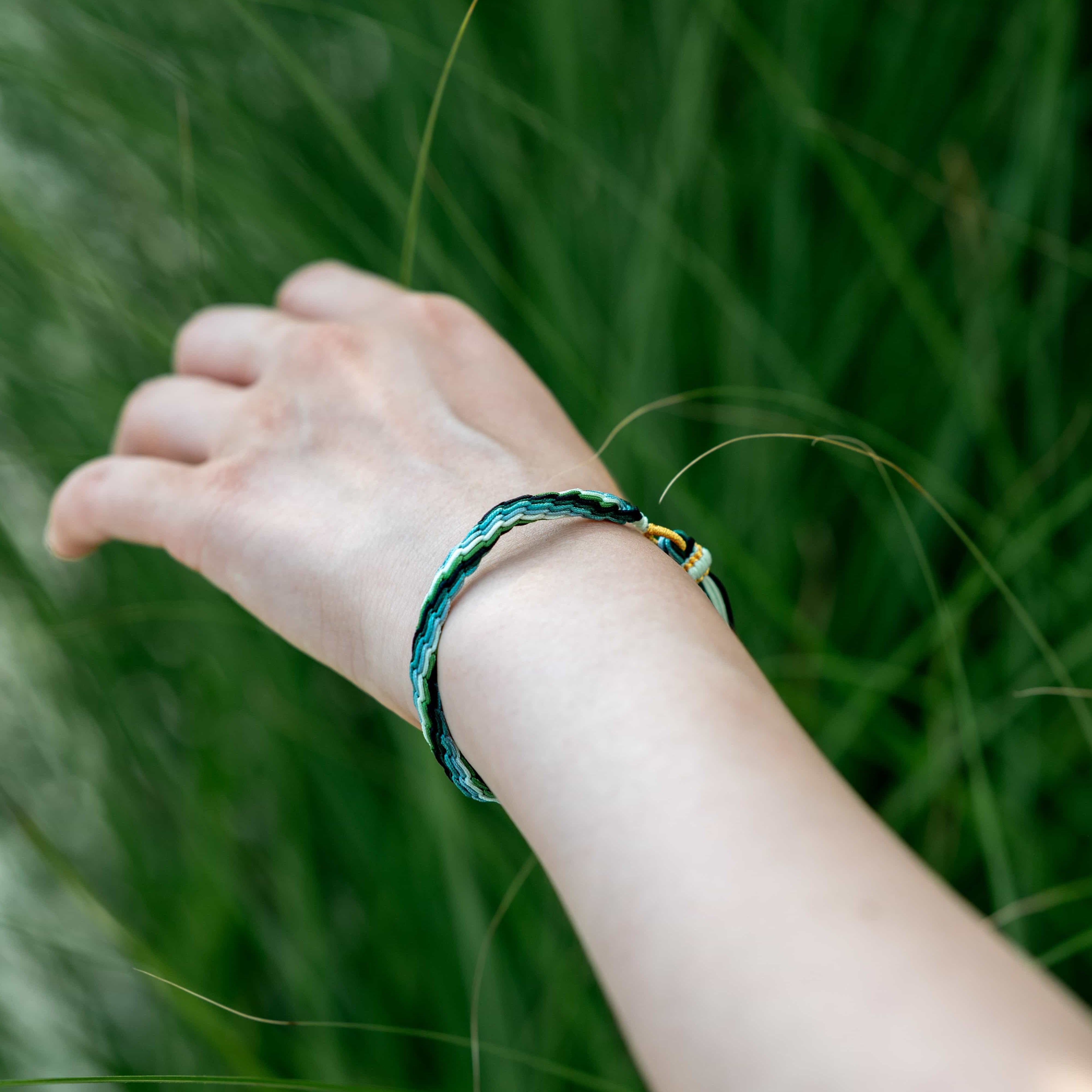 "RAIN WATER": Green and Light Blue Handmade Braided Bracelet for Clarity