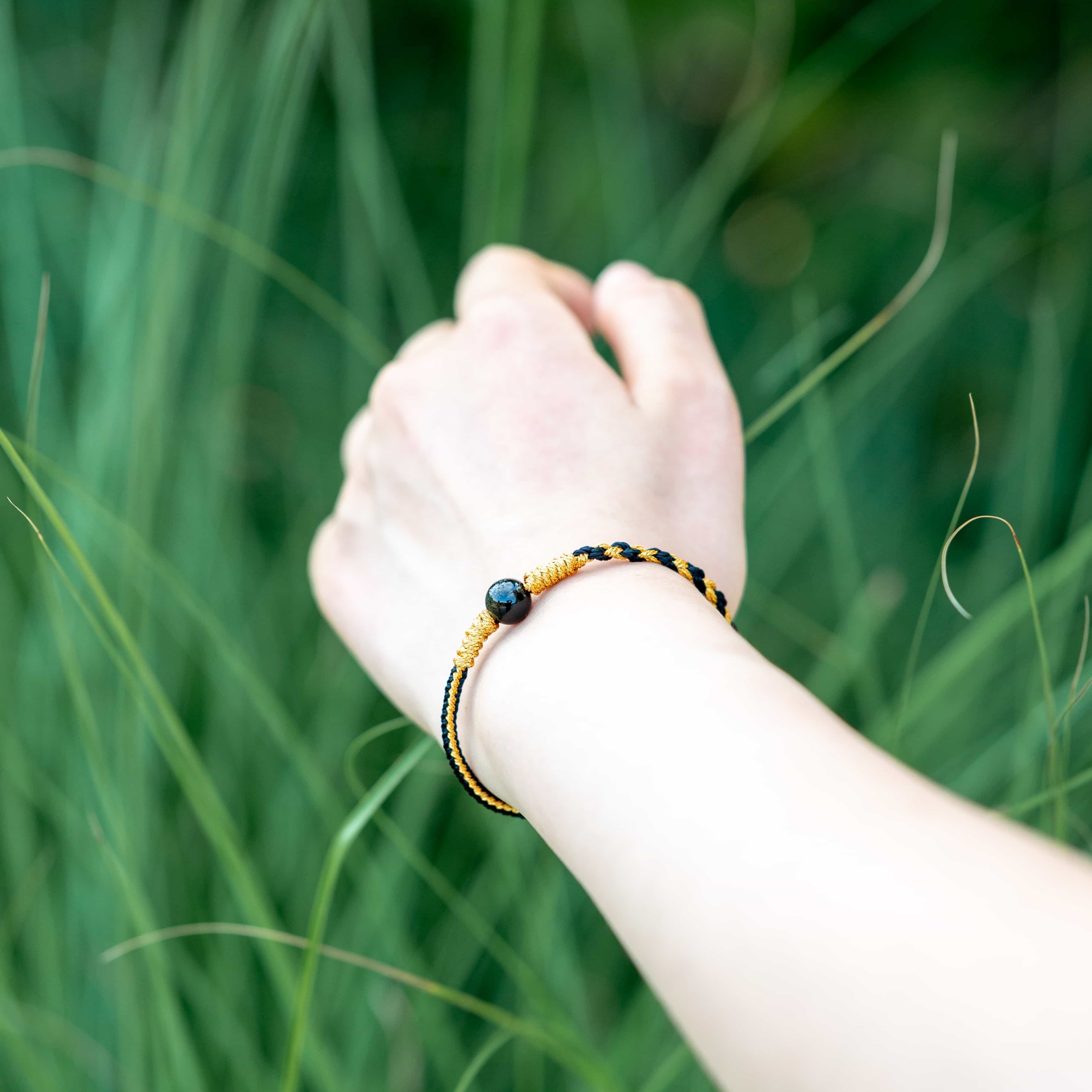 FIRE: Obsidian Bead Black & Gold Braided Bracelet